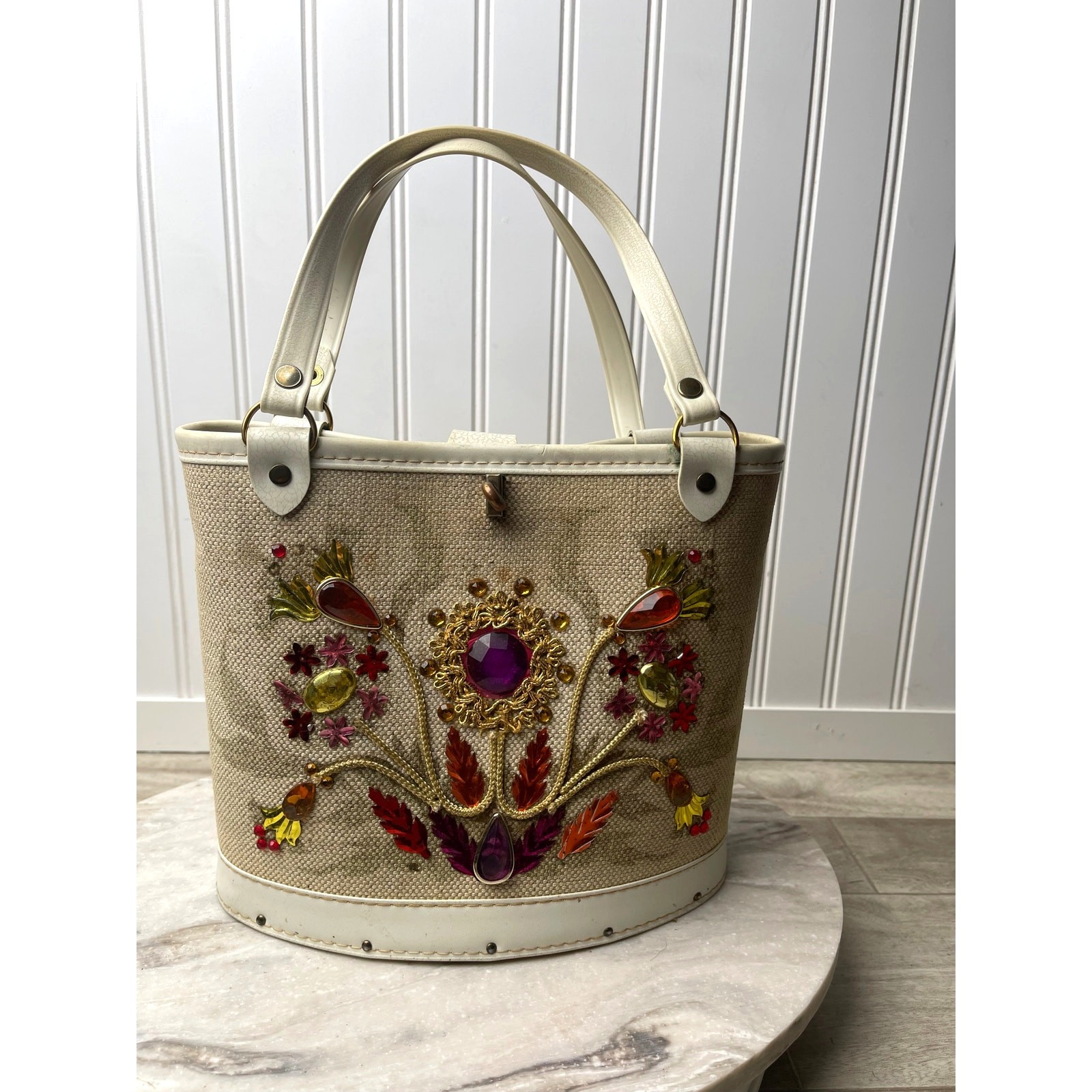 Handbag Wood Base Canvas Enid Collins Jewel Garden Sophistikit 60s Vintage Handbag Wood Base Canvas Enid Collins Jewel Garden Sophistikit 60s Vintage