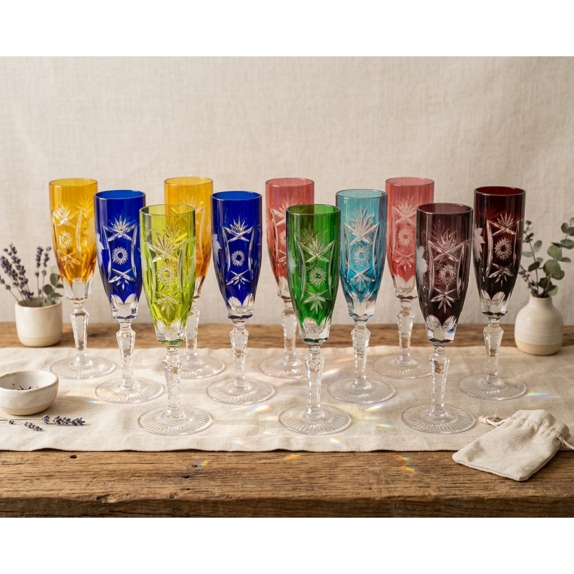 Rare VTG Nachtmann Traube Multicolor Cut to Clear Crystal Champagne Flutes-11