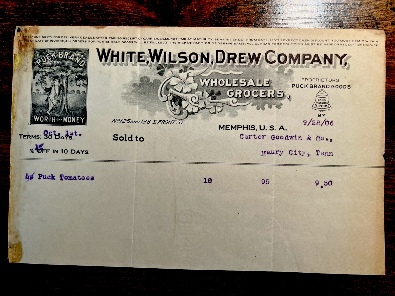 🍅 1906 Memphis TN Puck Brand 🥫 Tomatoes Billhead White Wilson Drew Co $9.50