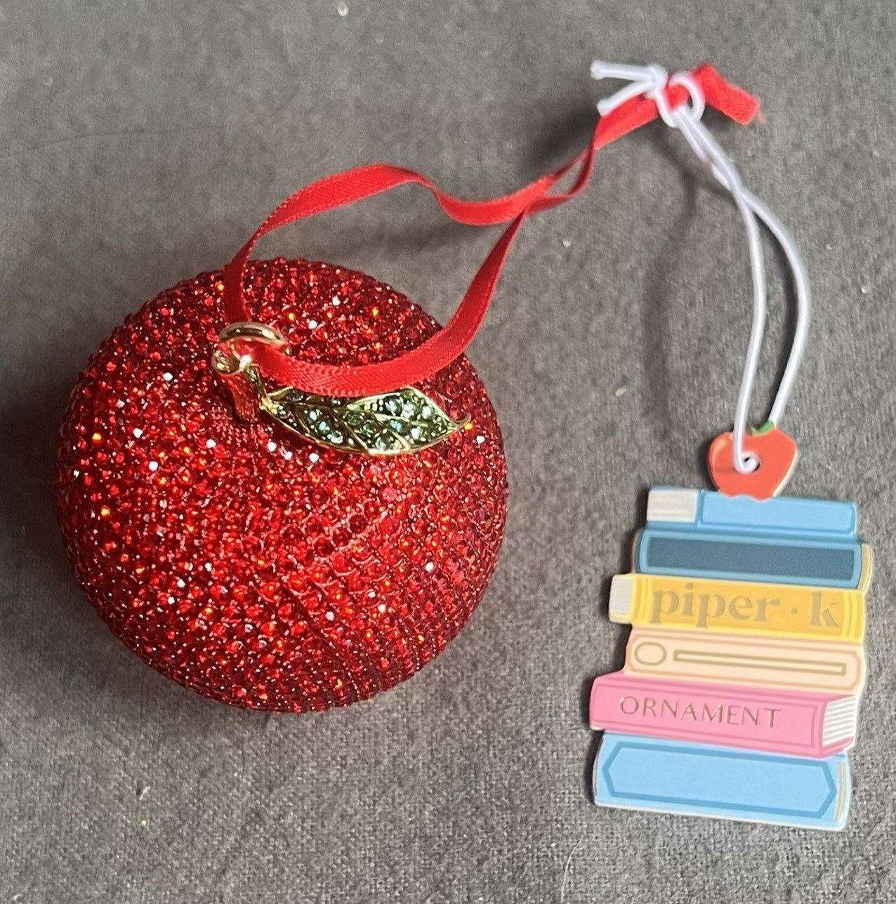 Piper K Red Apple Shaped Ornament Covered w/ Red Crystals & Green Crystal Leaf