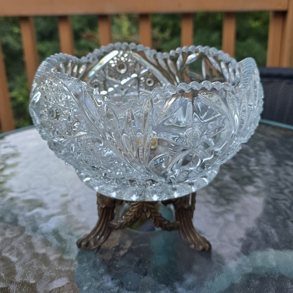 Clear Starburst Cut Glass Footed Pedestal Bowl w Bronze Metal Base Vintage 1960
