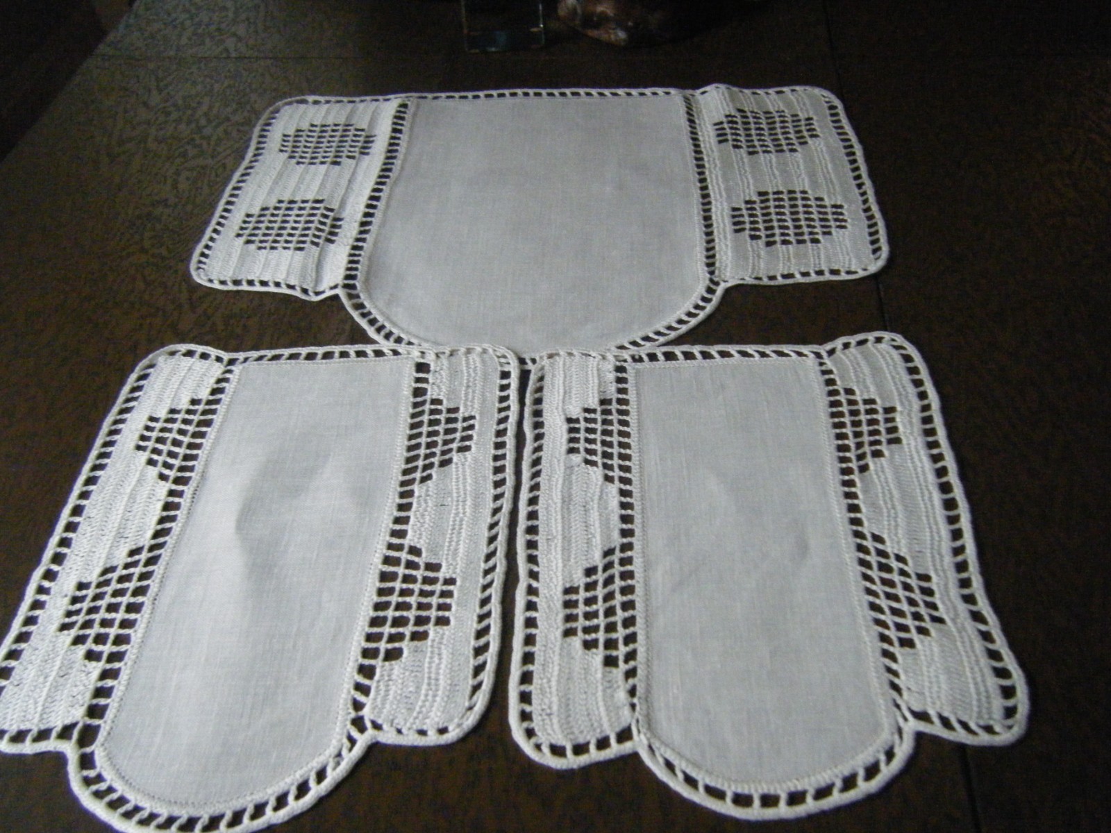 Antique 20s Antimacassar 3 pieces COMBO h crochet lace trimmed & linen centers