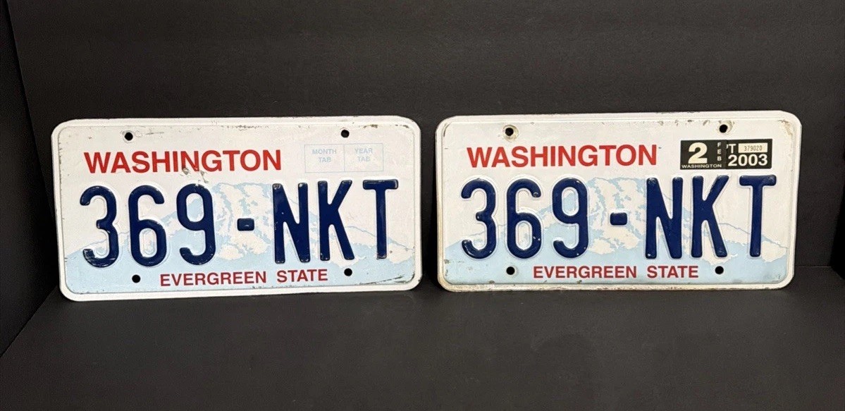 Washington License Plate Pair w/ Sticker Evergreen🌲State, 369-NKT