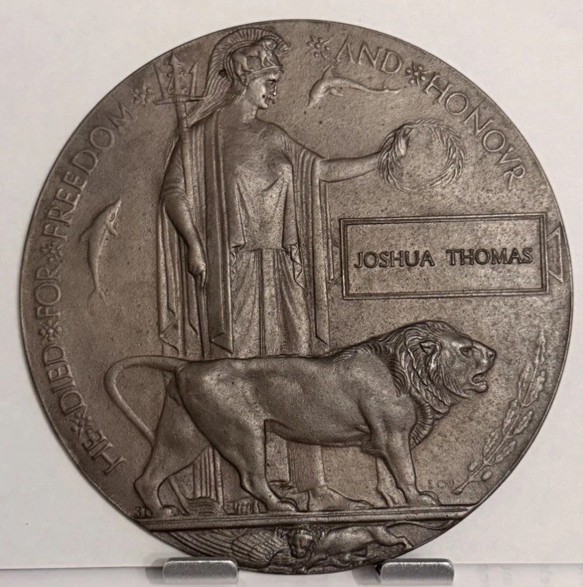 WWI WW1 British “Dead Man’s Penny” Named To Joshua Thomas WWI WW1 British “Dead Man’s Penny” Named To Joshua Thomas