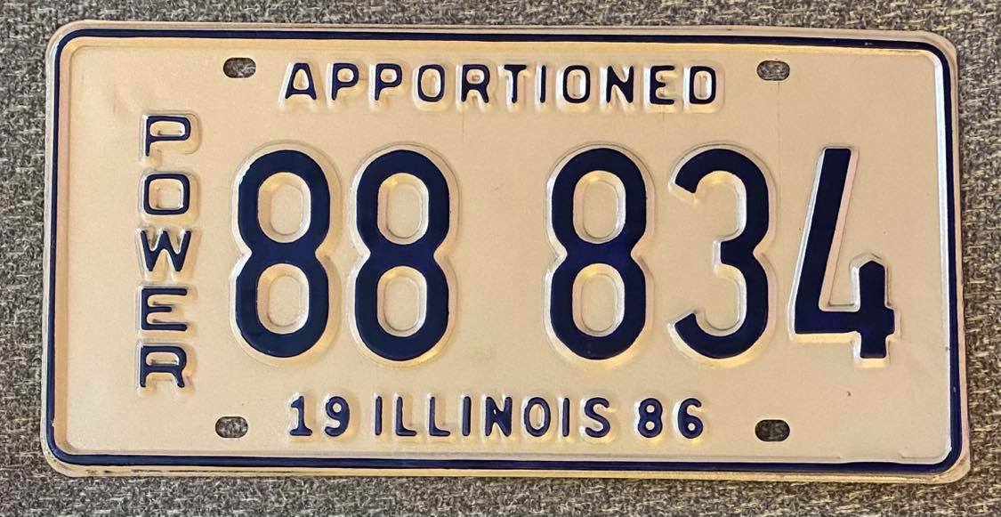 Illinois 1986 APPORTIONED POWER License Plate SUPERB QUALITY # 88 834 Illinois 1986 APPORTIONED POWER License Plate SUPERB QUALITY # 88 834