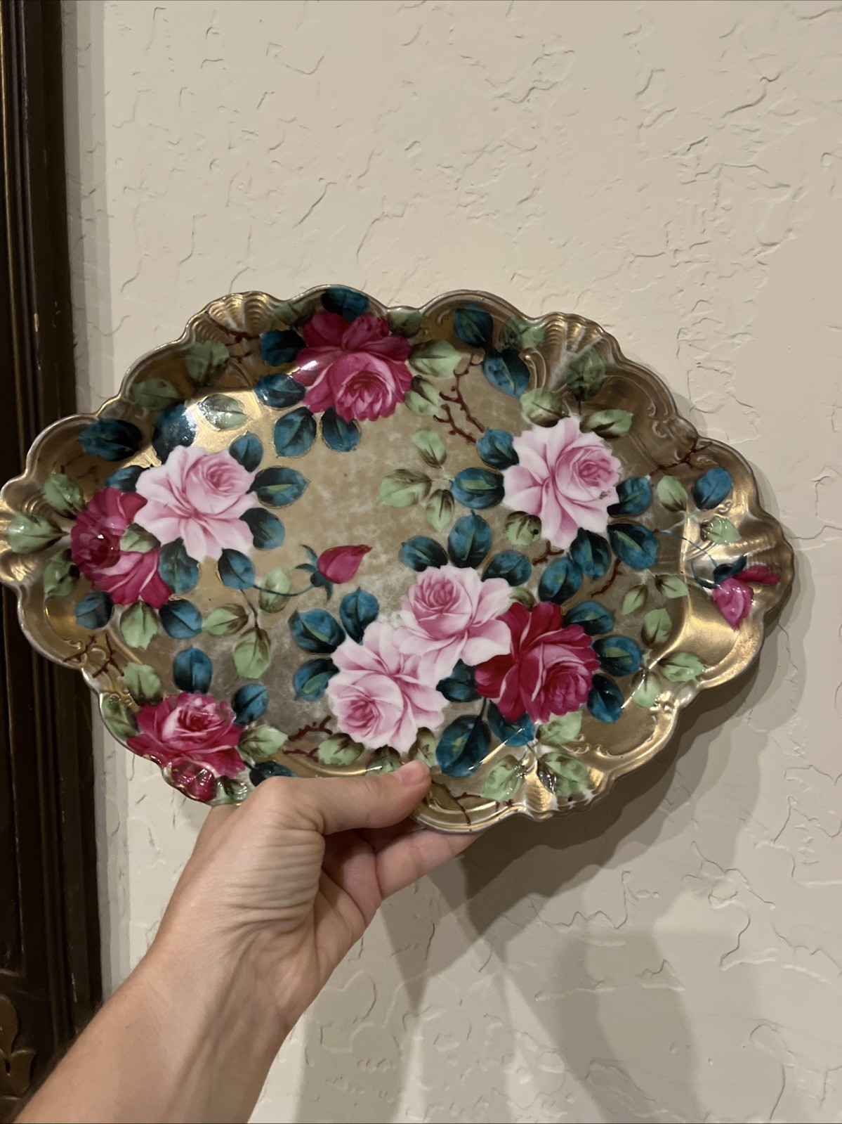 Ant Nippon Hand Painted Porcelain Rose Tray Gold Gilt Platter Early 1900s