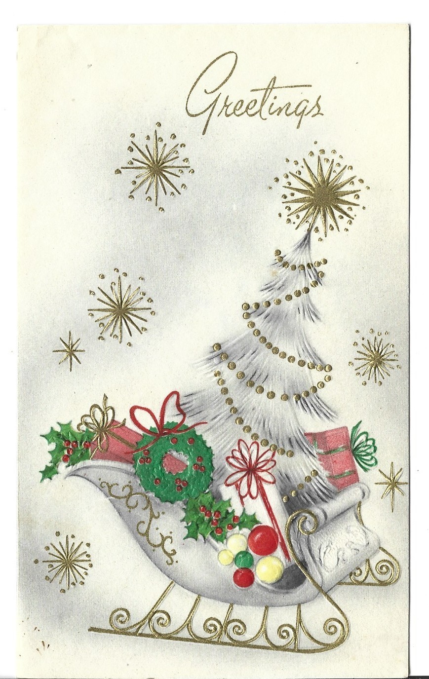 VTG CHRISTMAS CARD 4X6.5 SLEIGH WITH TREE WREATH GIFTS GOLD EMBOSSED SNOWFLAKES VTG CHRISTMAS CARD 4X6.5 SLEIGH WITH TREE WREATH GIFTS GOLD EMBOSSED SNOWFLAKES