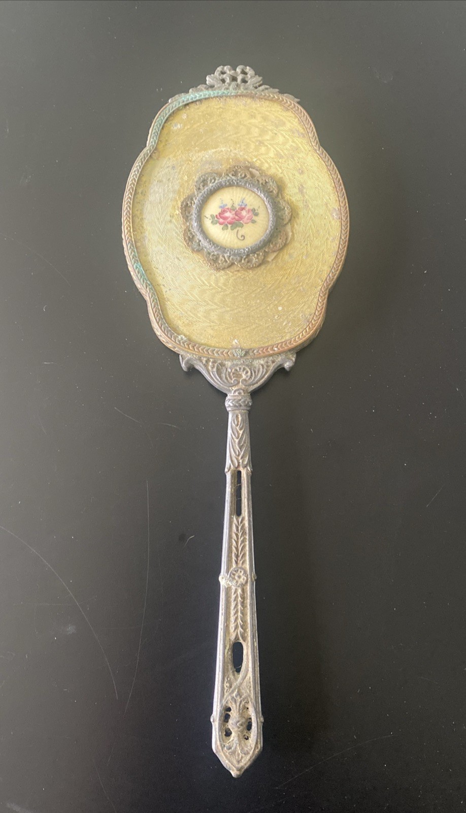 Antique Art Nouveau Victorian Filigree Gold Guilt Hand Mirror With Patina
