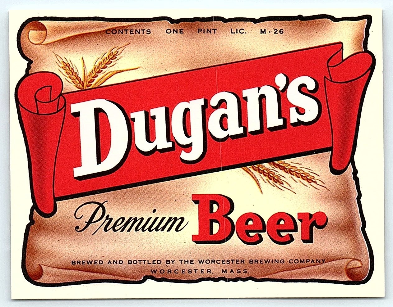 Vintage Dugan\'s Premium Beer Label - Worcester, Mass.