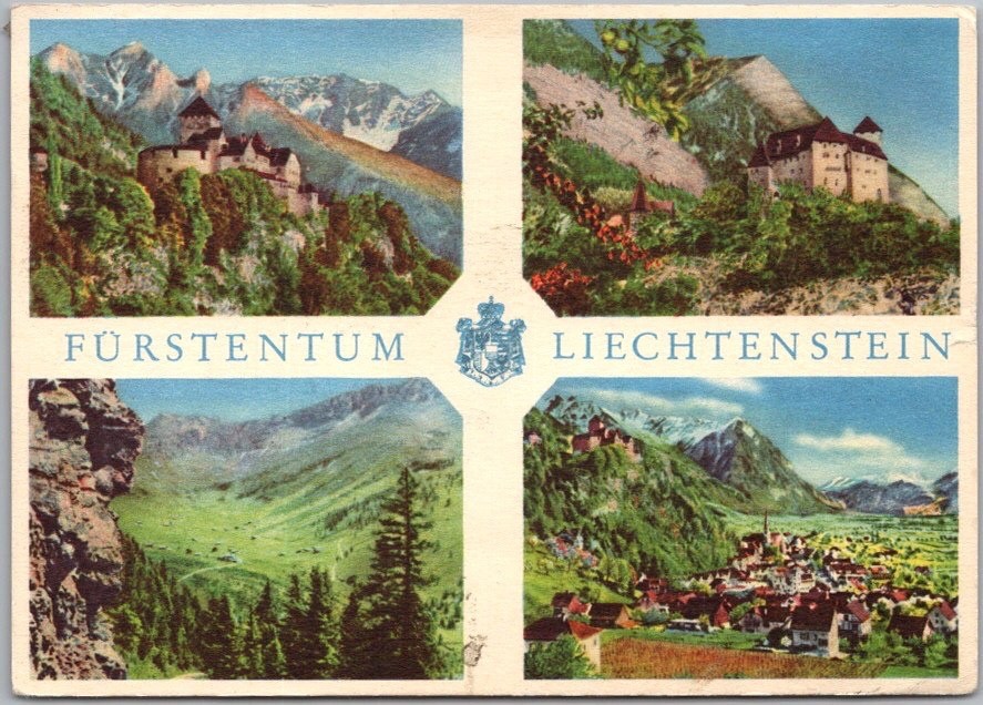 Vintage LIECHTENSTEIN Greetings 4x6 Postcard / Four Views - 1956 Cancel w/ Stamp