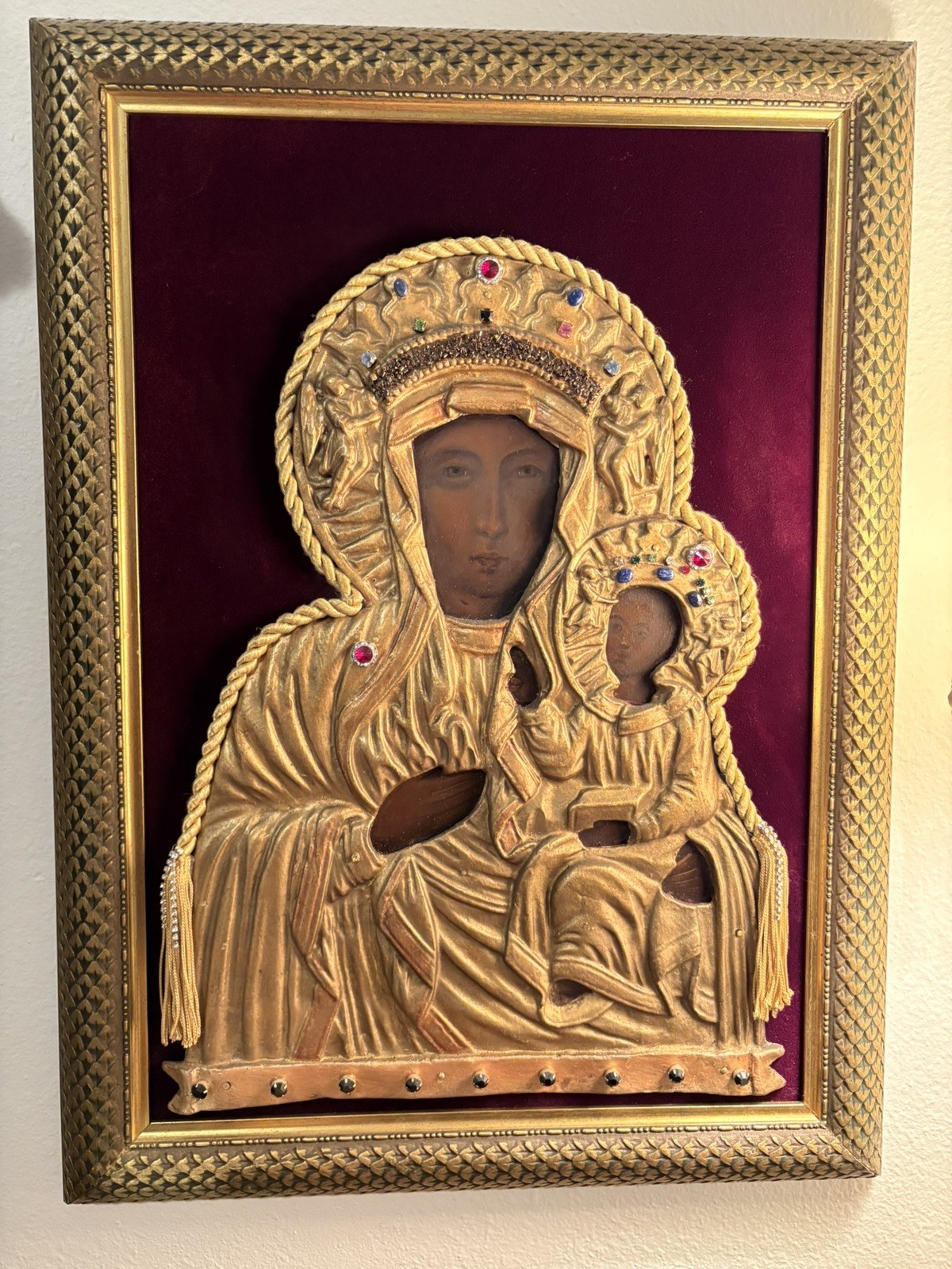 Antique late 19th C. Polish Oil on Panel Black Madonna of Czestochowa Icon Antique late 19th C. Polish Oil on Panel Black Madonna of Czestochowa Icon