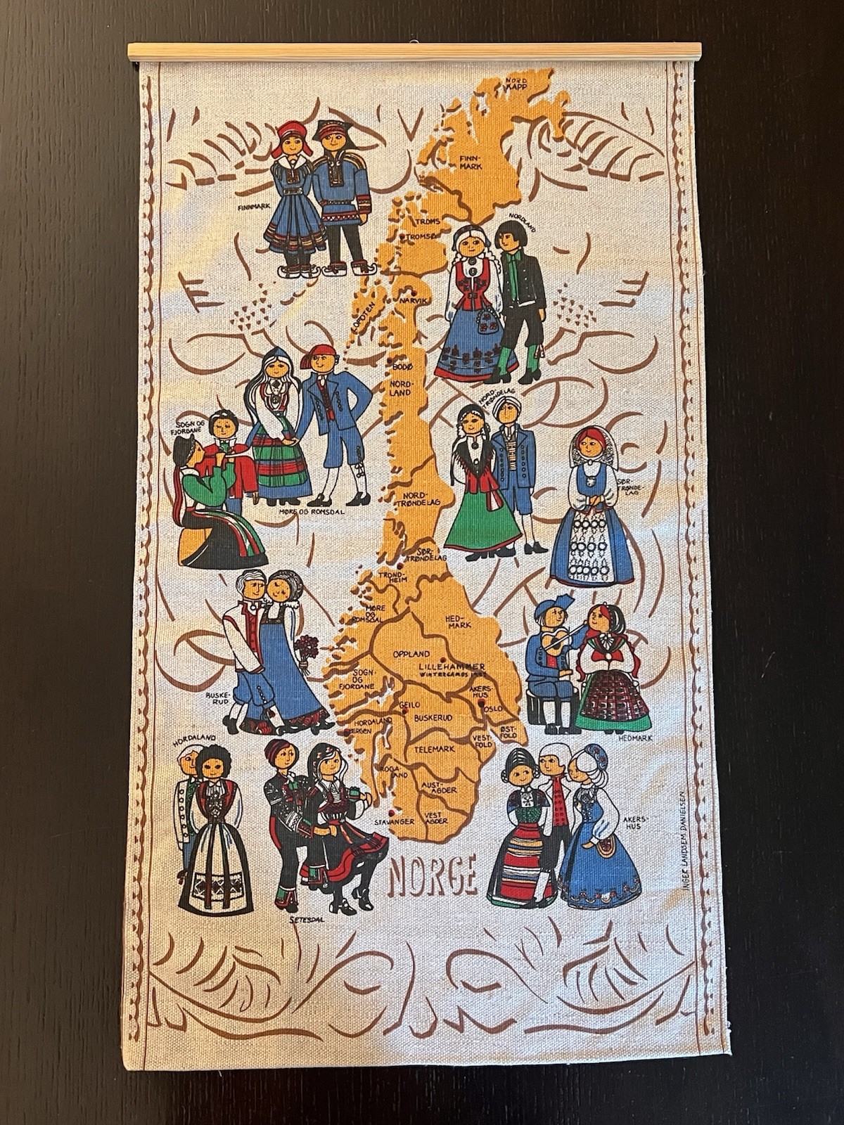 Norwegian Bunad Map Vintage Linen Wall Hanging Norway Inger Landsem Danielsen Norwegian Bunad Map Vintage Linen Wall Hanging Norway Inger Landsem Danielsen