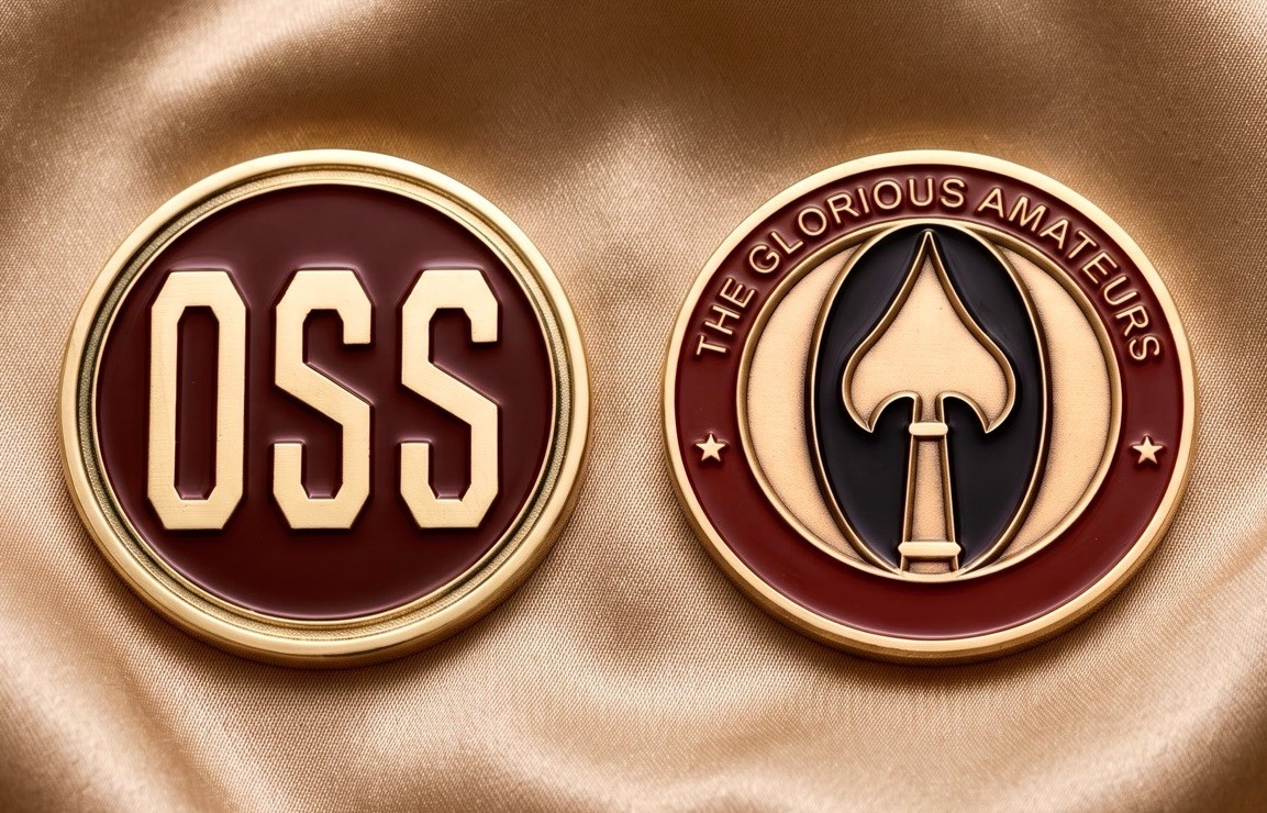 CIA OSS Challenge Coin - The Glorious Amateurs - Red Enamel Spearhead