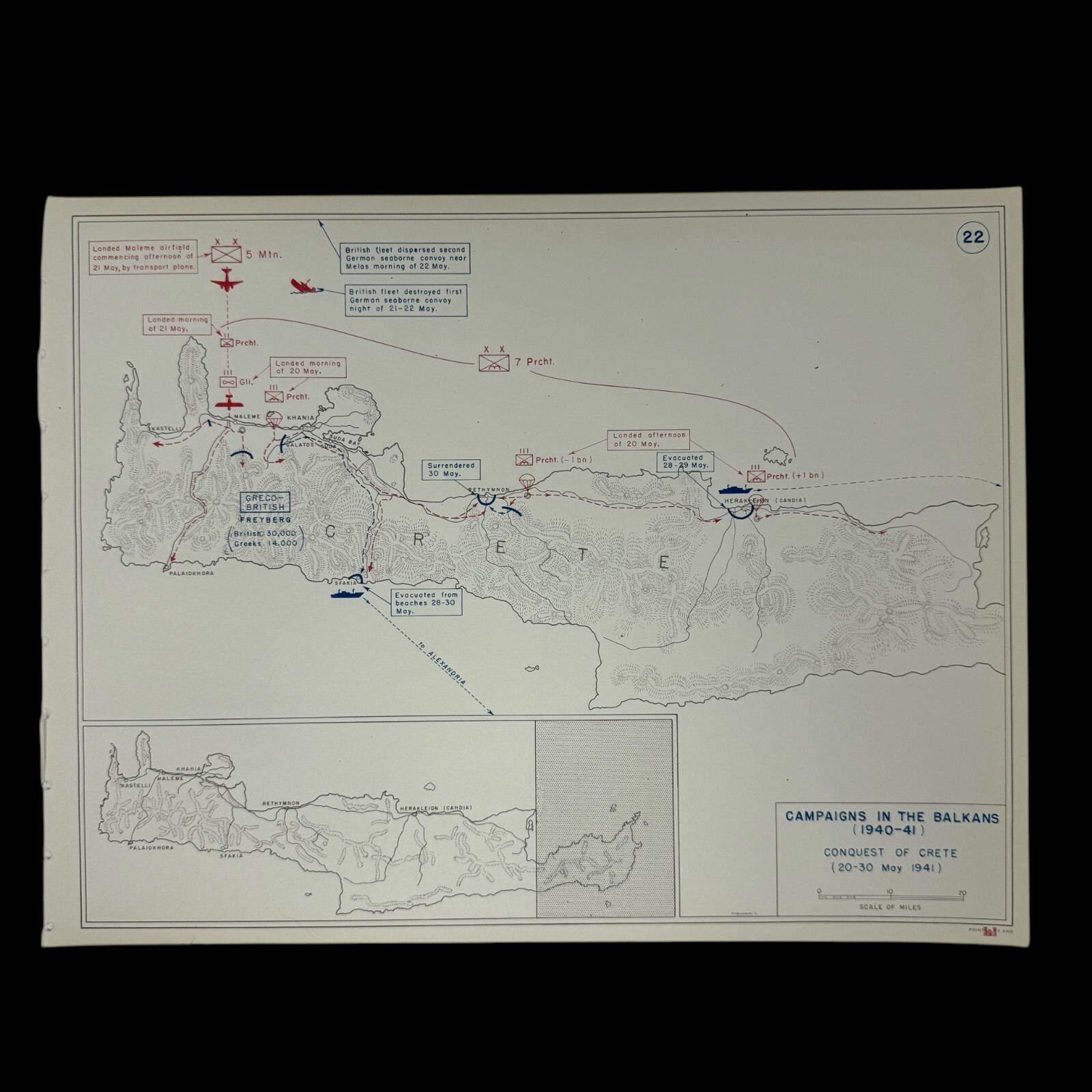 Original 1953 U.S. Military Academy West Point WWII 1941 Balkans Crete Map Plate