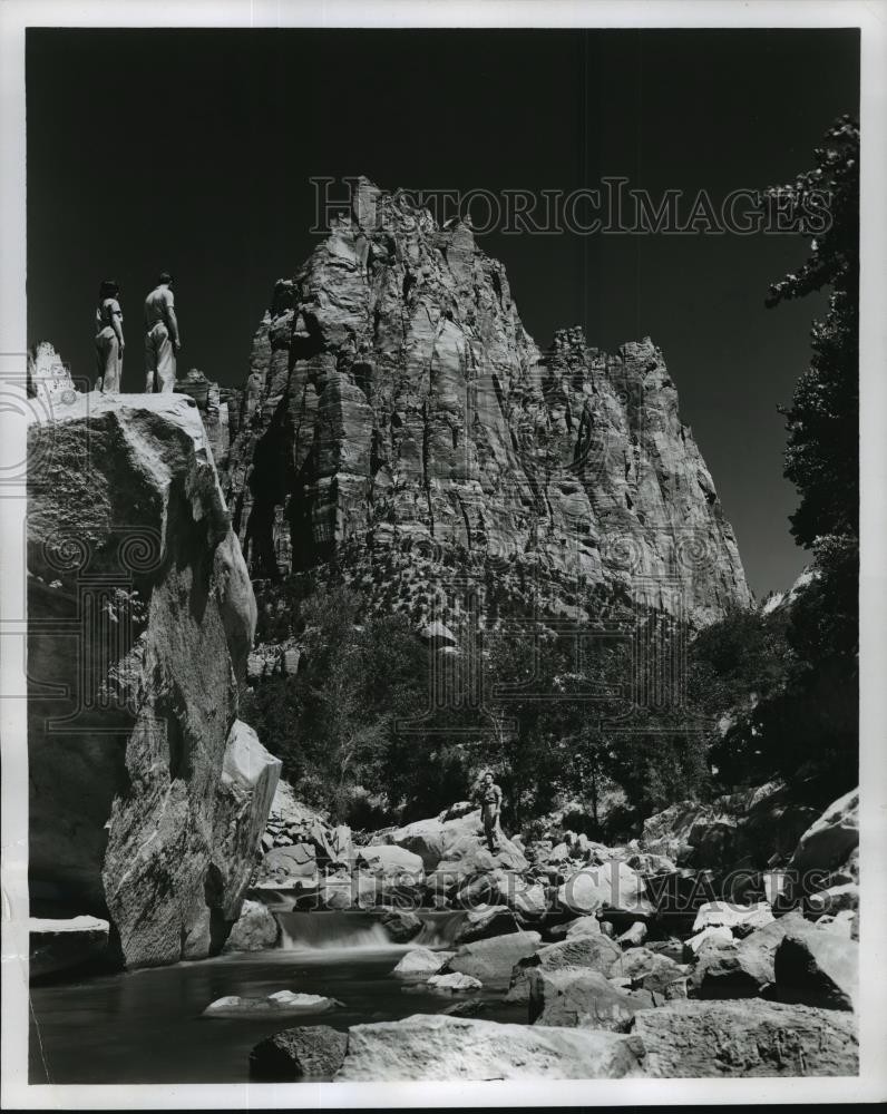 1957 Press Photo Three Patriarchs watch Virgin River in Zion National Park 1957 Press Photo Three Patriarchs watch Virgin River in Zion National Park