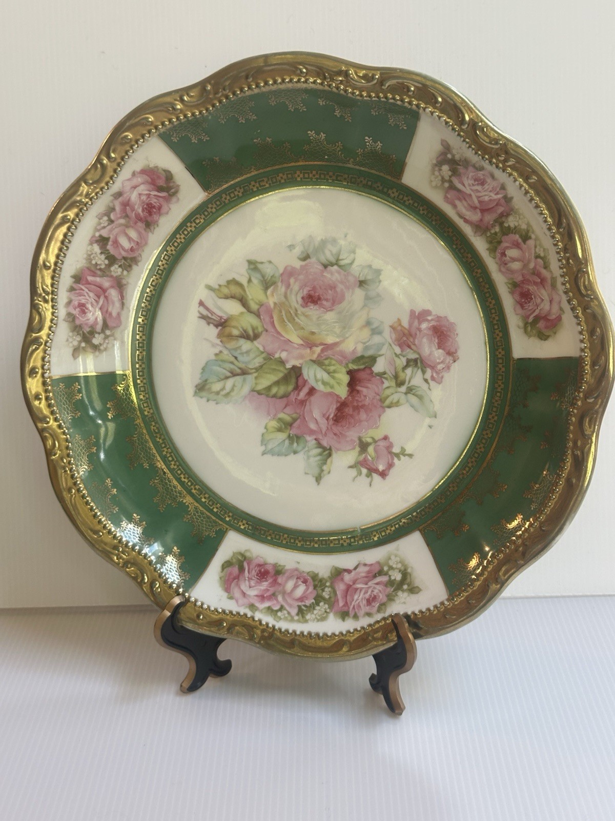 ANTQ 1909 GERMANY UNGER & SCHILDE“THREE CROWN CHINA”MARK 12” HAND PAINTED PLATE