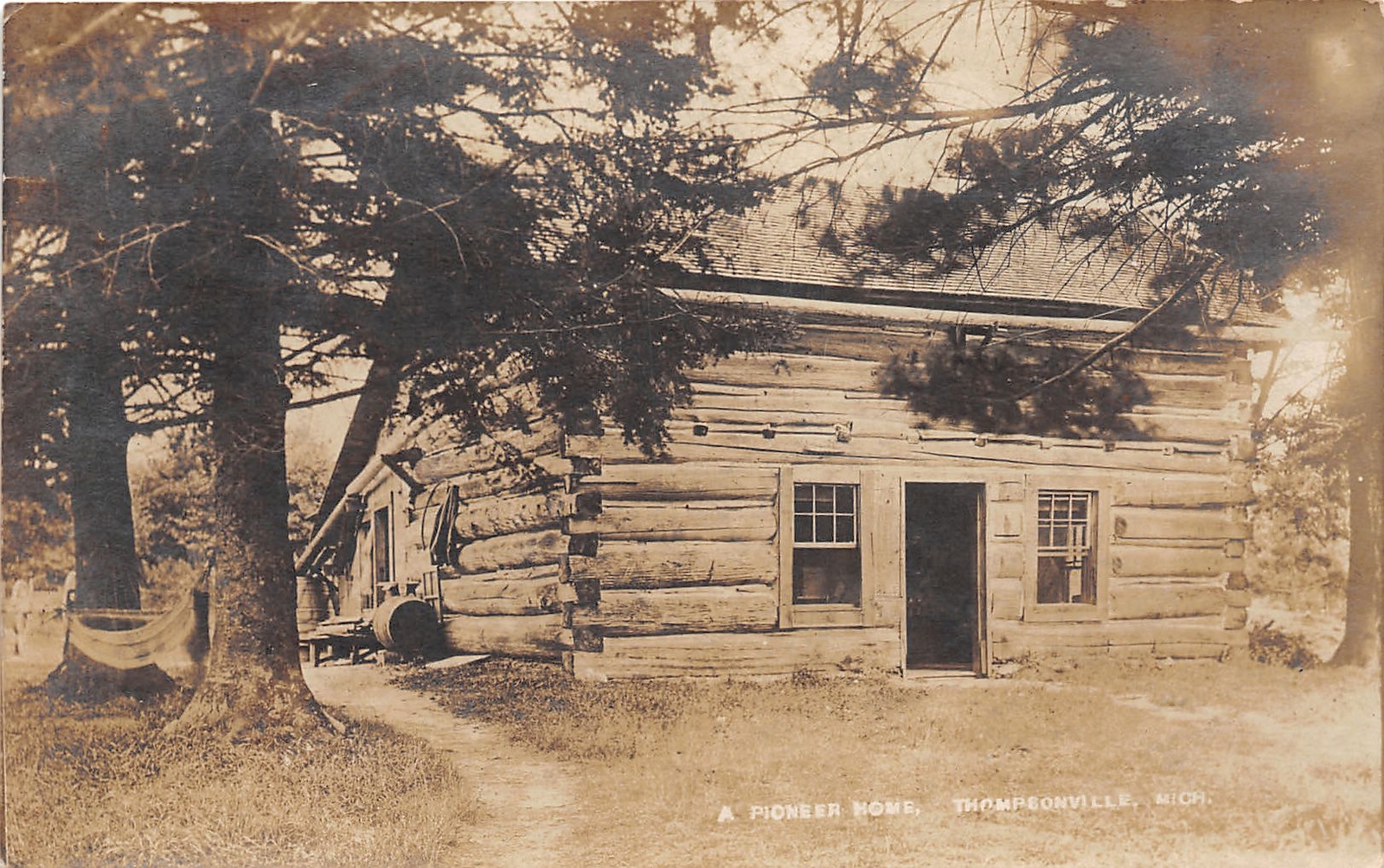 J38/ Thompsonville Michigan RPPC Postcard c1910s Pioneer Hewn Log Cabin 213 J38/ Thompsonville Michigan RPPC Postcard c1910s Pioneer Hewn Log Cabin 213