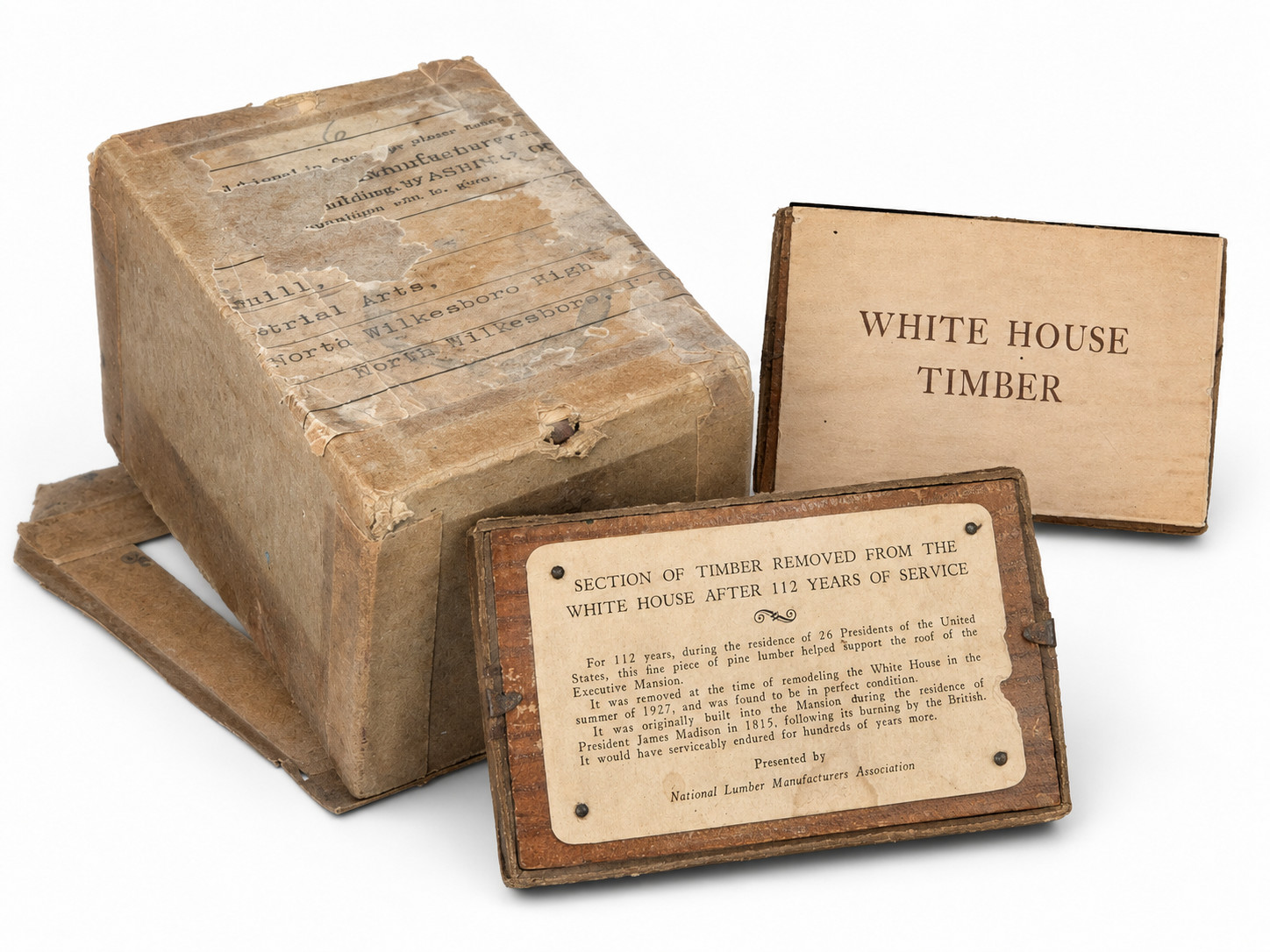 Rare 1927 White House Roof Timber Souvenir Block w/ Original Box & Pamphlet