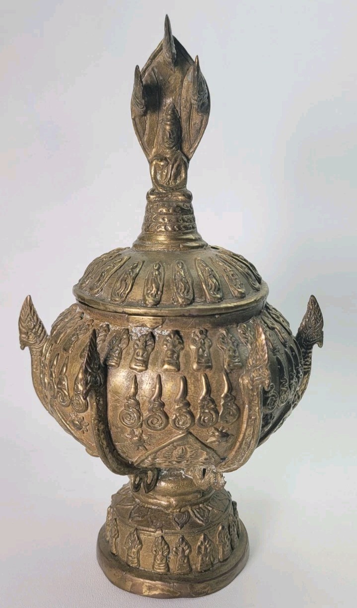 Antique Holy Water Naga Vessel Buddhist Ornate Brass Bronze Khan Nam Pot 11\