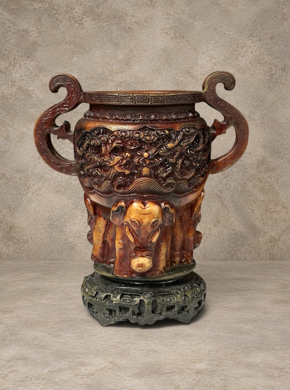 Vintage Chinese Archaistic Elephant Dragon Urn Vase Double Handle 7.5” Vintage Chinese Archaistic Elephant Dragon Urn Vase Double Handle 7.5”