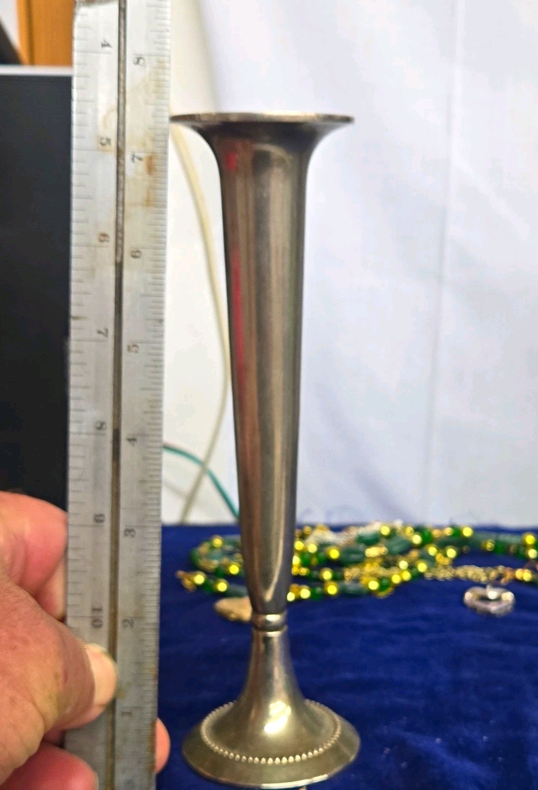 Silver Metal Trumpet Bud Vase Tall Flared Rim Decorative, Made in Hong Kong Silver Metal Trumpet Bud Vase Tall Flared Rim Decorative, Made in Hong Kong