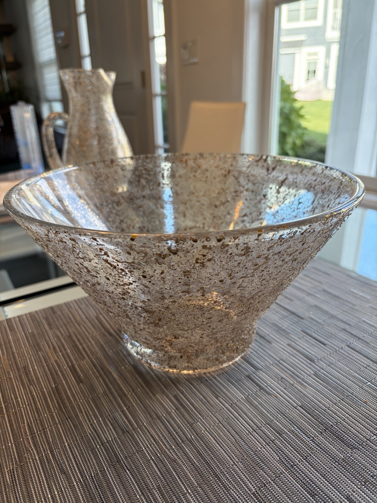 Vintage MCM Hand Blown Gold Fleck Aventurine Glass Pitcher &Centerpiece Bowl Set