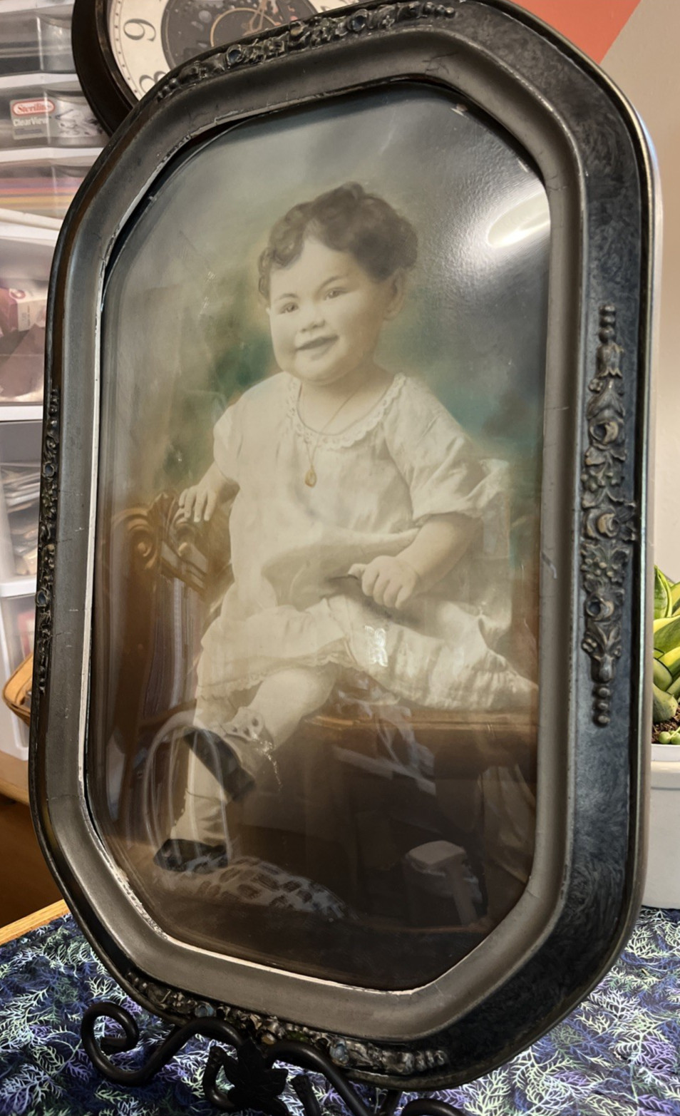 Antique 1922 Convex Bubble Glass Picture Frame Ornate Floral Hand Painted 16x20