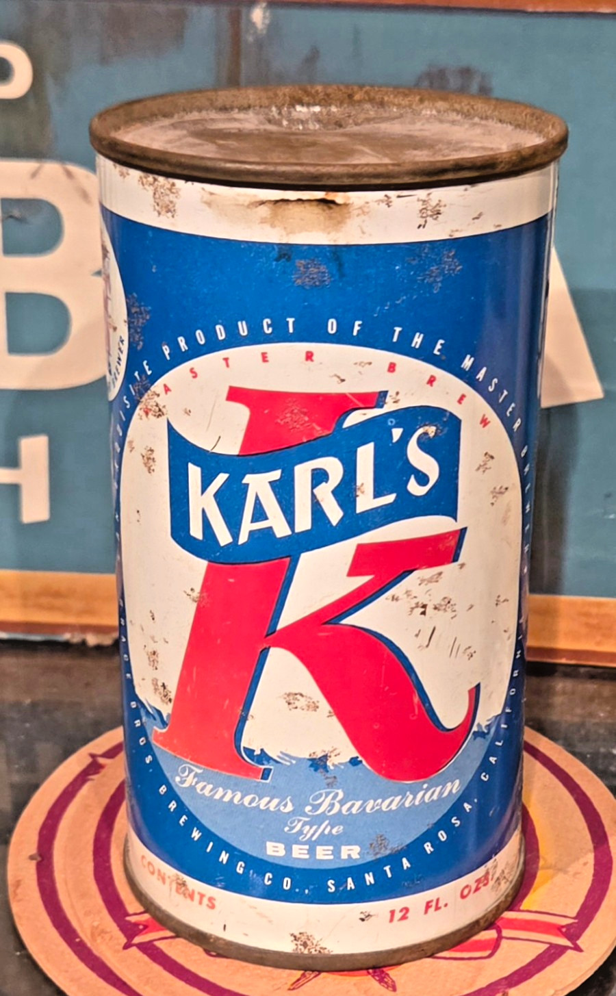 1958 KARL\'S K BLUE FLAT TOP BEER CAN GRACE BROTHERS SANTA ROSA CALIFORNIA EMPTY 1958 KARL\'S K BLUE FLAT TOP BEER CAN GRACE BROTHERS SANTA ROSA CALIFORNIA EMPTY
