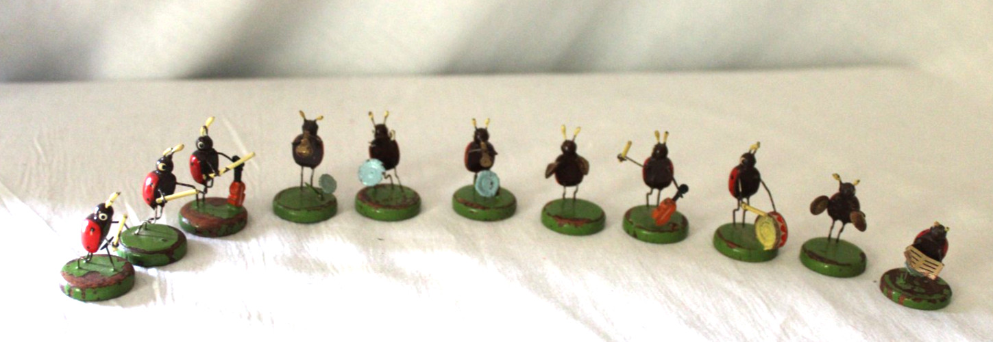 Vintage 11 pc ERZGEBIRGE Wood Miniature Figures Lady Bug Band Orchestra