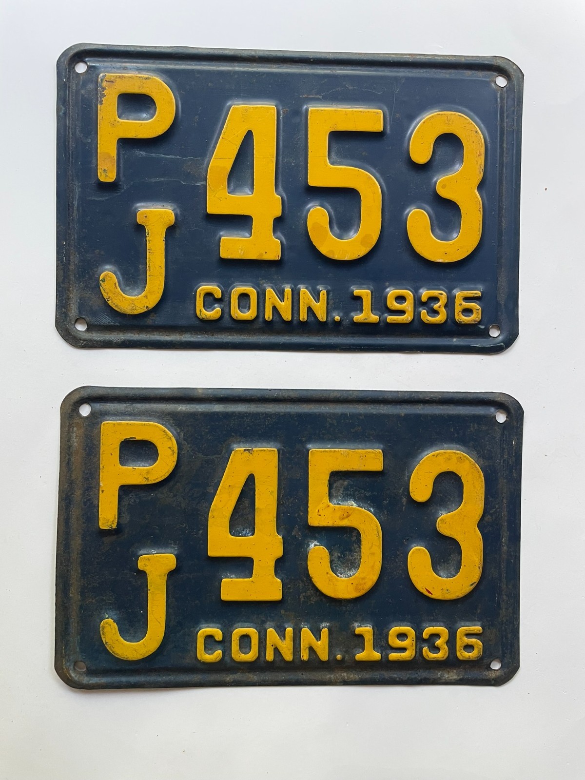 1936 Connecticut License Plates Pair PJ‑453 • Matching VTG Blue Yellow Tags 1936 Connecticut License Plates Pair PJ‑453 • Matching VTG Blue Yellow Tags