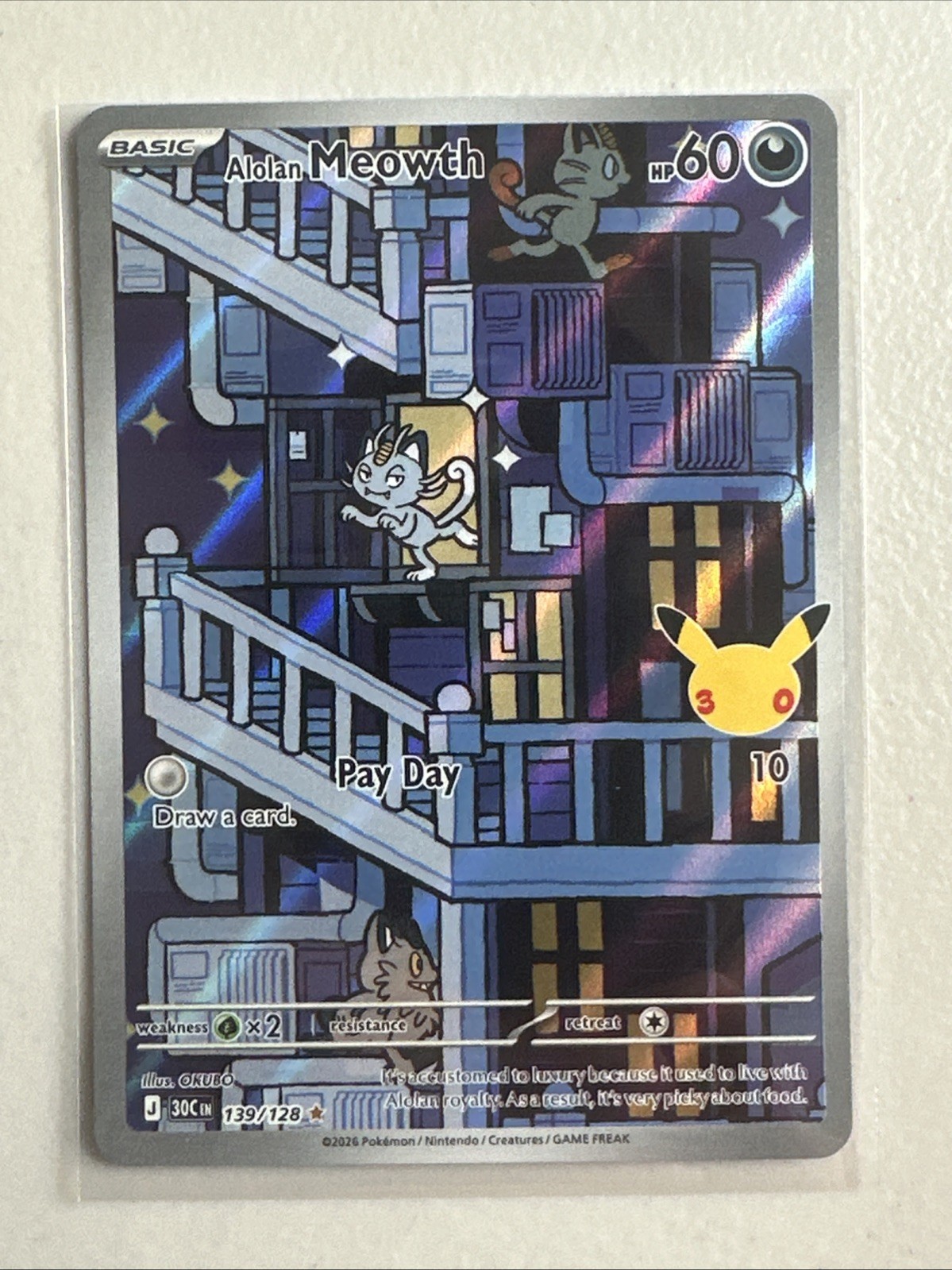 Alolan Meowth 139/128 30th Celebration 2026 Illustration Rare Pack Fresh Alolan Meowth 139/128 30th Celebration 2026 Illustration Rare Pack Fresh