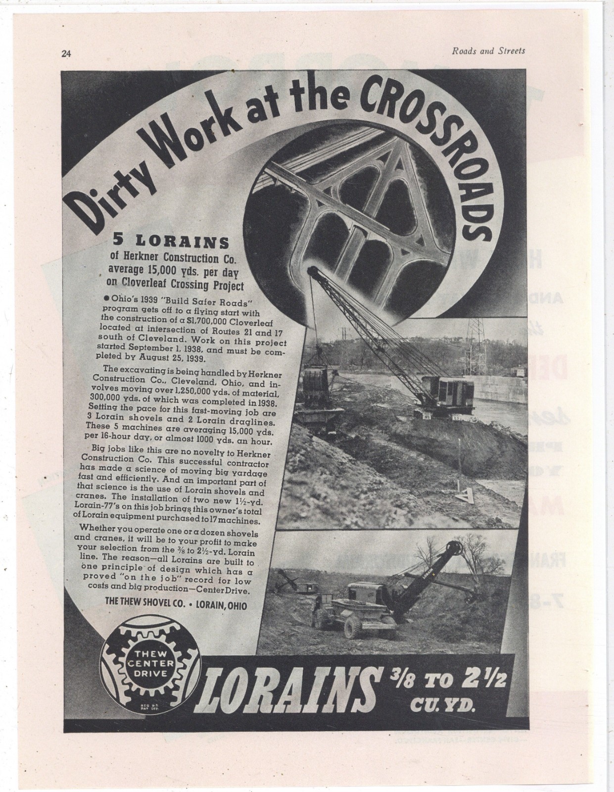 1939 Thew Shovel Co. Ad: Lorain Shovels at Cleveland Cloverleaf, Rt. 21 & 17