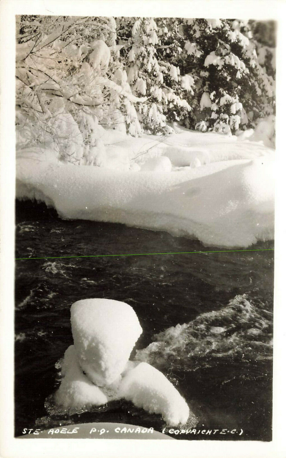SNOW WINTER CREEK VIEW REAL PHOTO POSTCARD ST STE ADELE QUEBEC CANADA 1940s RPPC