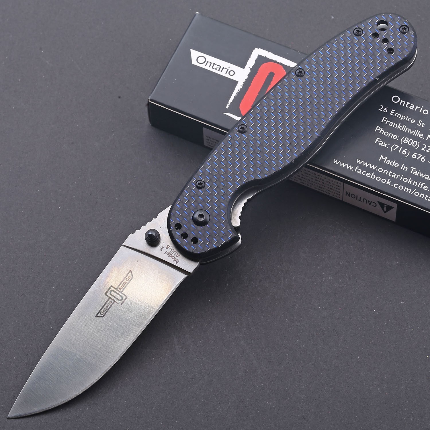 Ontario Rat One Twill Carbon Fiber Hunting Tactical Pocket Knife AUS-8 Blade