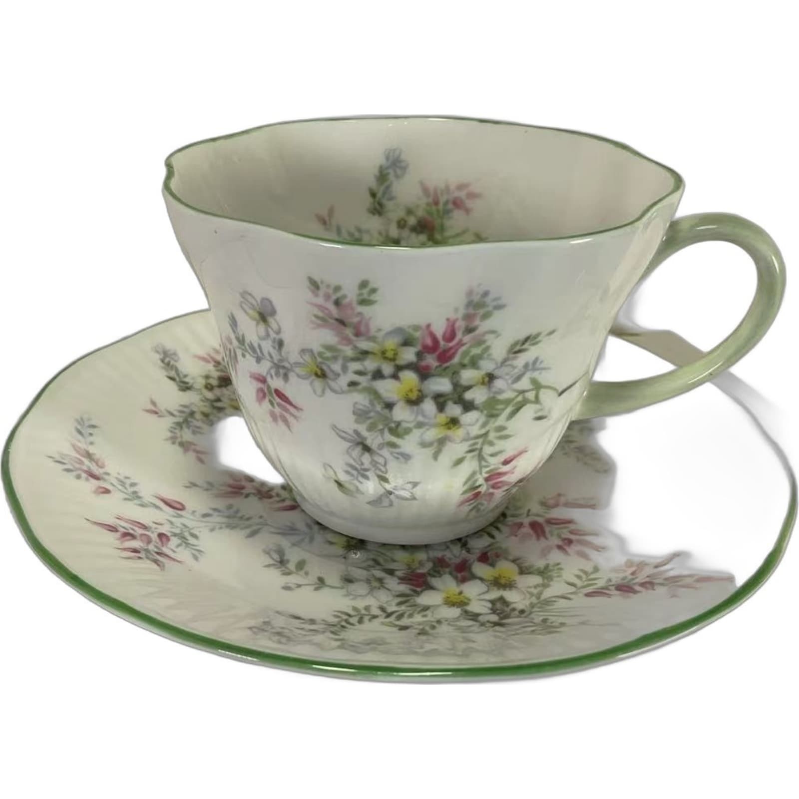 Queen's Staffordshire Fine Bone China Teacup & Saucer Pink Floral Green Trim
