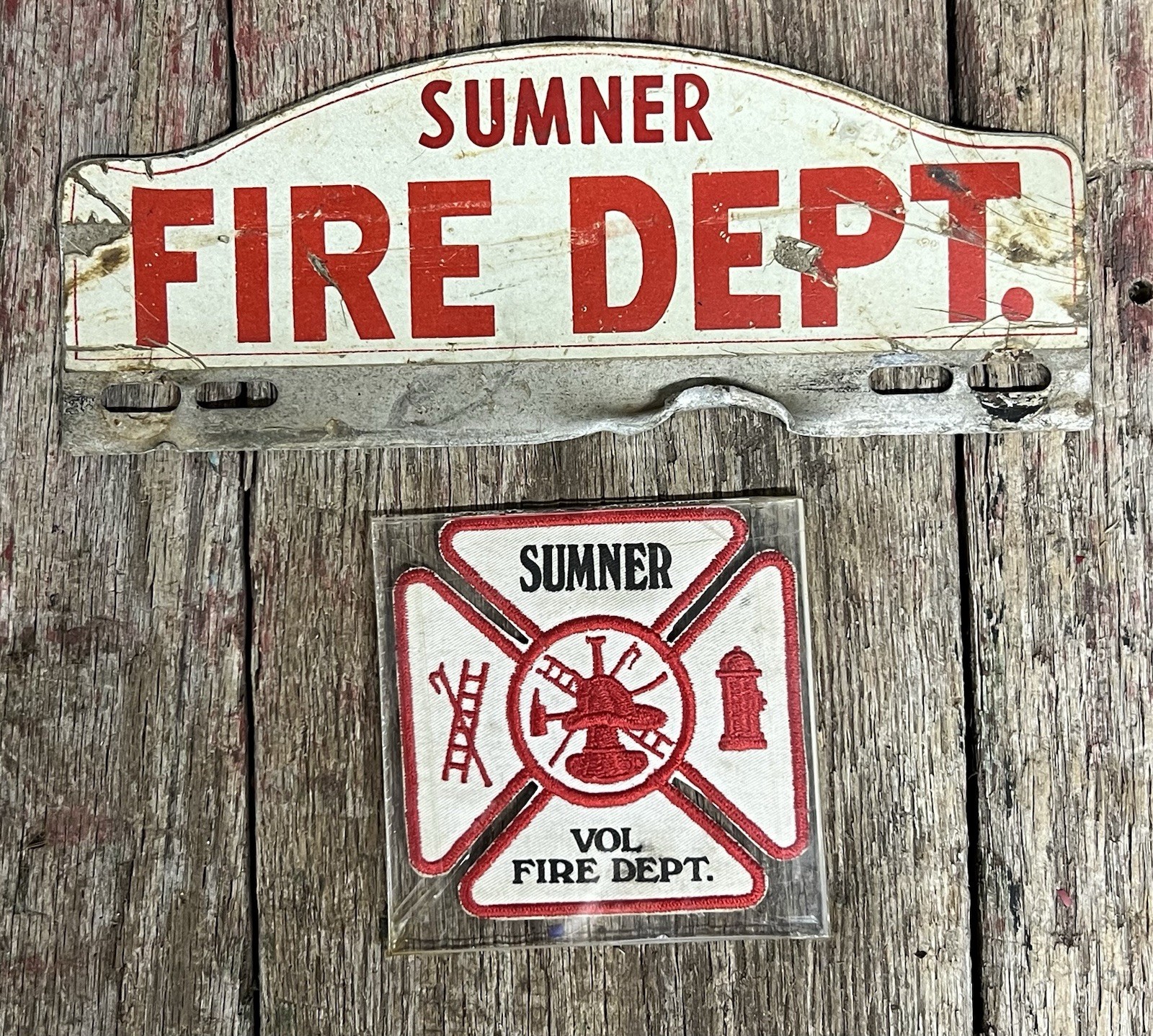 Vintage SUMNER FIRE DEPT License Plate Topper And Maltese Cross Embroidered Path