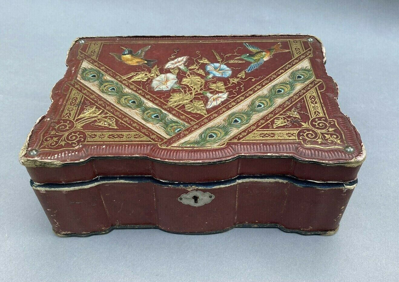 UNUSUAL VINTAGE ANTIQUE FLORAL & BIRD DECORATED FOLDING TRAVEL LAP DESK
