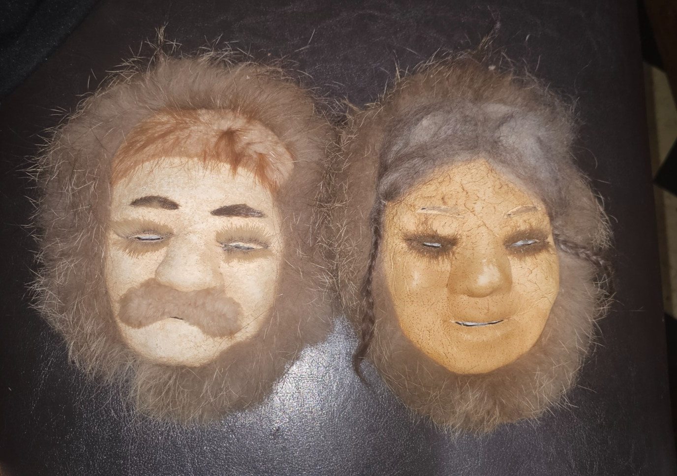 1950's Handmade Eskimo masks made out of caribou hide, reindeer and coyote fur 1950's Handmade Eskimo masks made out of caribou hide, reindeer and coyote fur