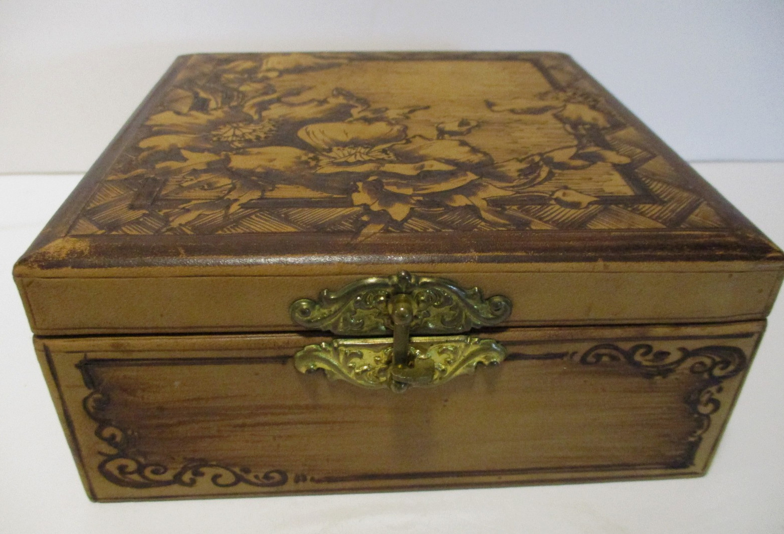 Antique Handkerchief Box - Painted to Look Like Tooled Leather - Exquisite 6
