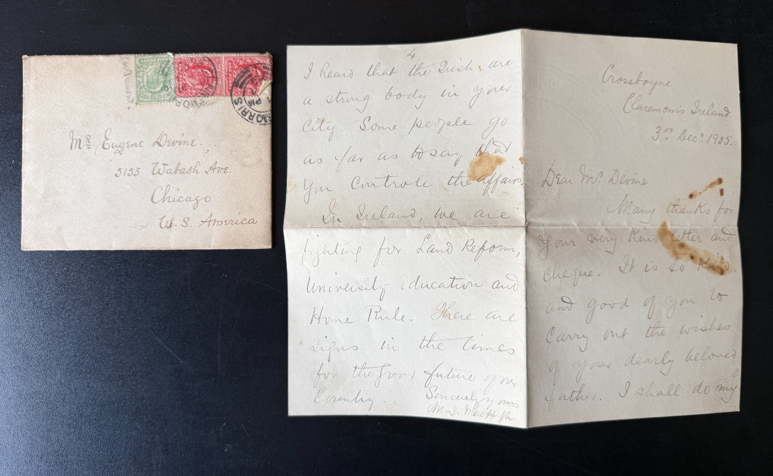 1905 Antique Irish Letter & Cover Chicago Home Rule Land Reform Mayo Ireland