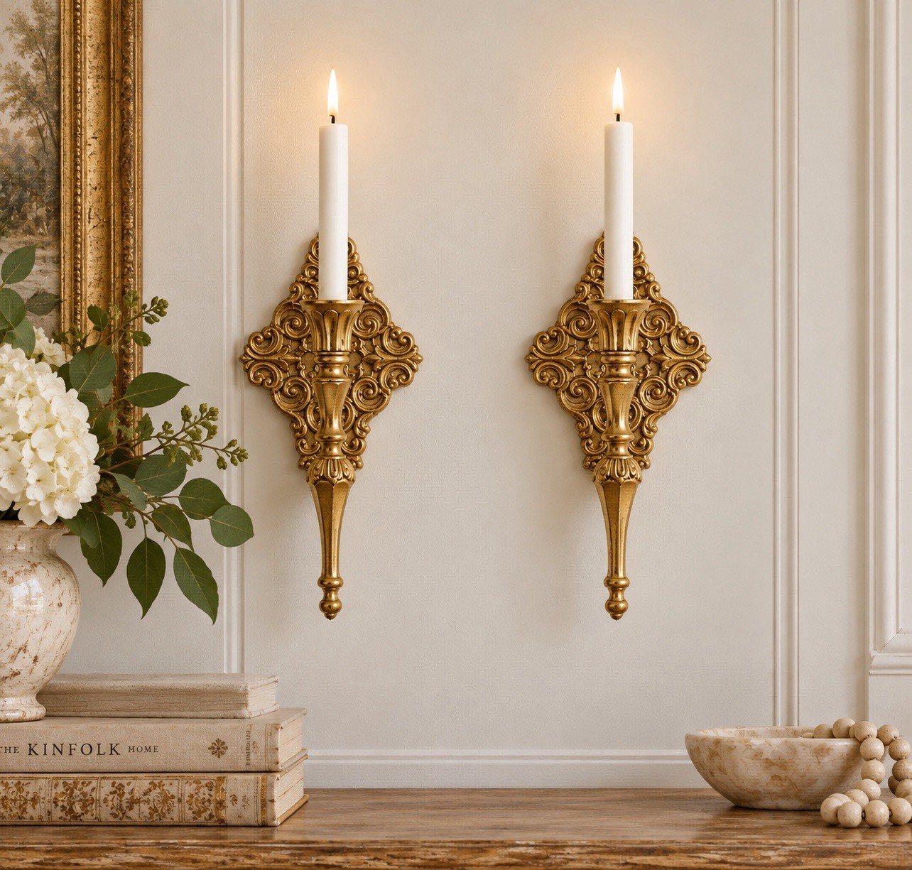 Pair Of VTG Antique Gold Iron Taper Candle Wall Sconces Hollywood Regency 10.5” Pair Of VTG Antique Gold Iron Taper Candle Wall Sconces Hollywood Regency 10.5”