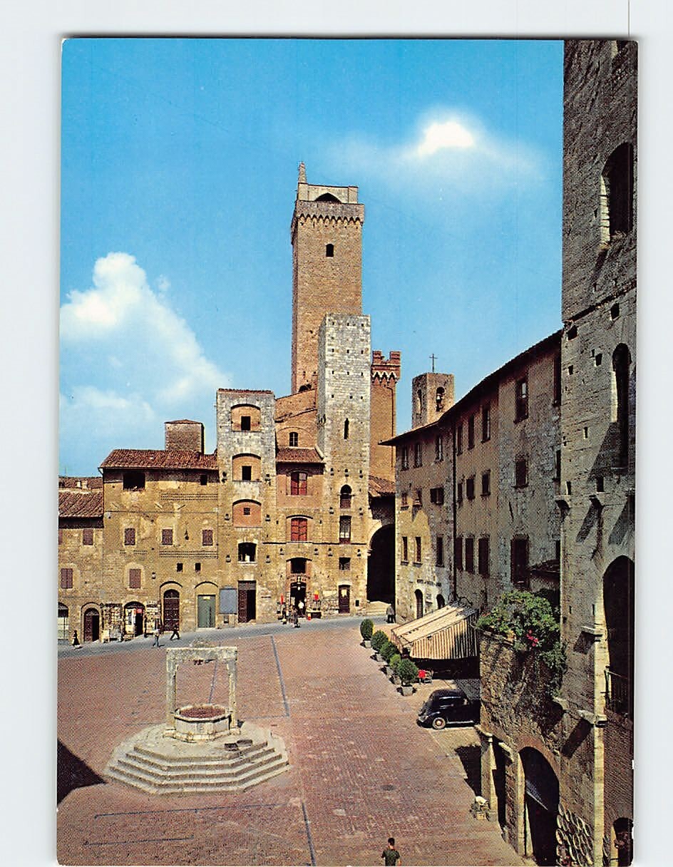 Postcard Cisterna Square and Towers Ardinghelli Citta di San Gimignano Italy