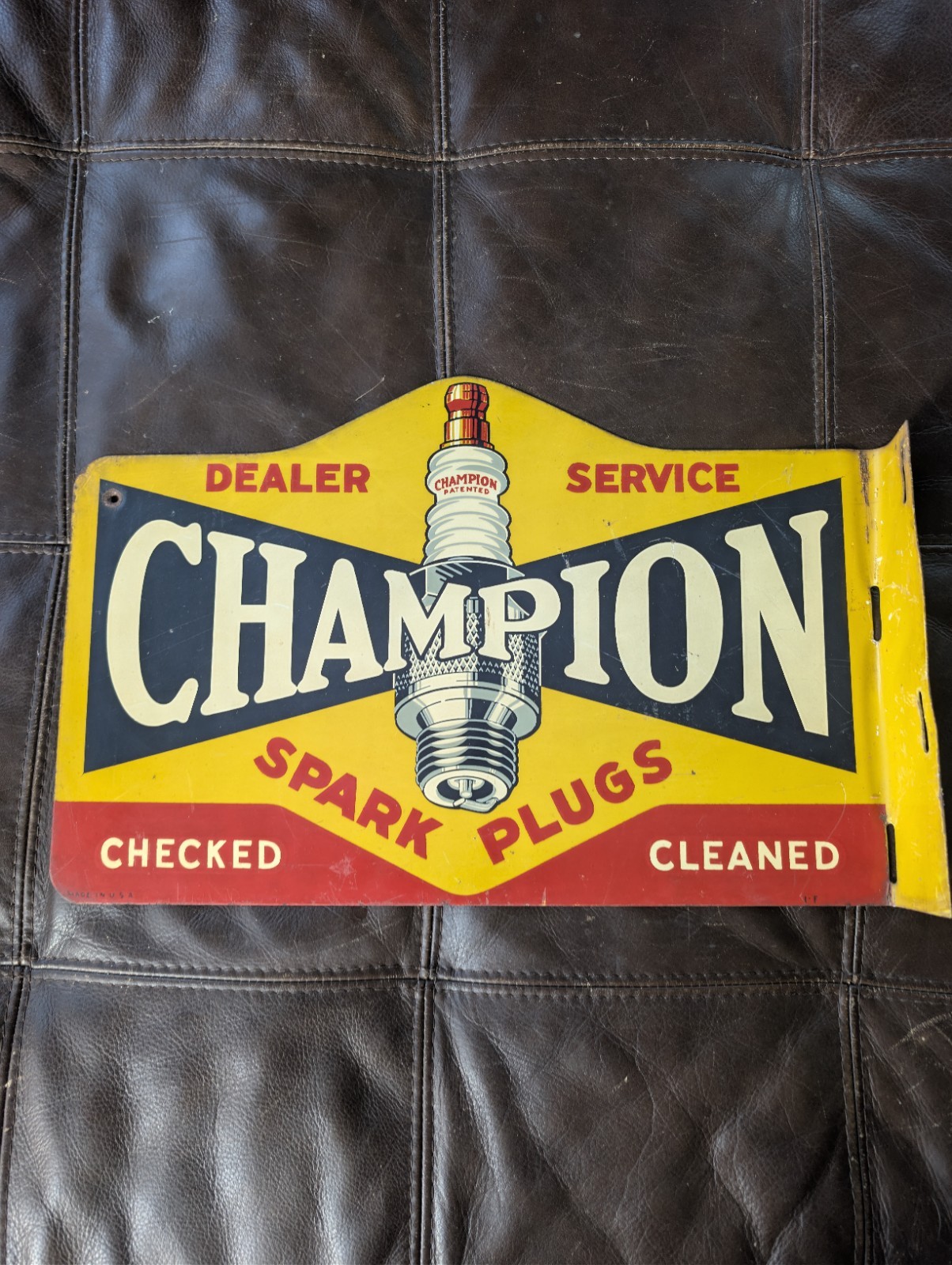 SCARCE 1940s CHAMPION SPARK PLUG DEALER SERVICE FLANGE SIGN METAL 18 SCARCE 1940s CHAMPION SPARK PLUG DEALER SERVICE FLANGE SIGN METAL 18