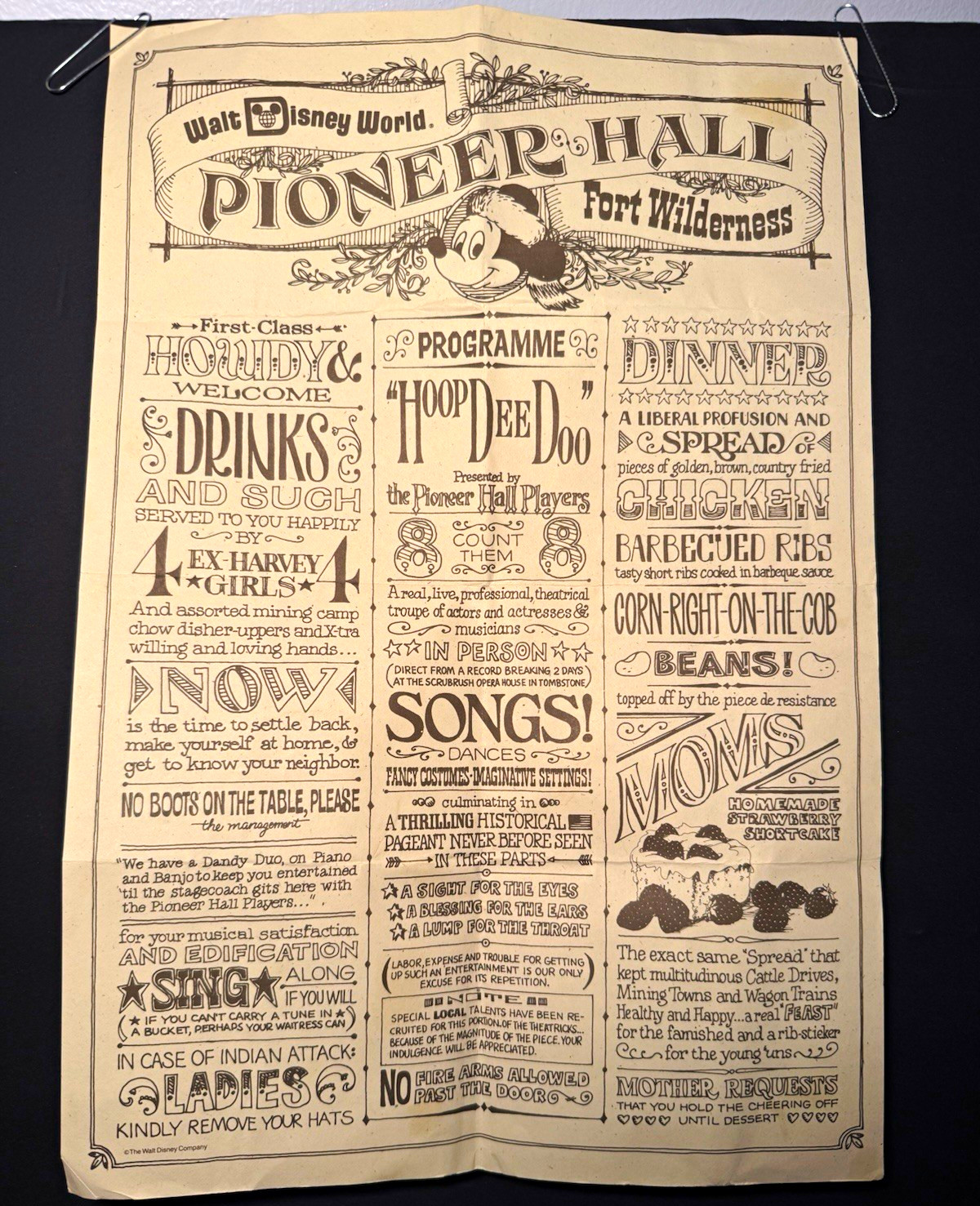 Vintage Disney Fort Wilderness Pioneer Hall Hoop Dee Doo Program Menu Mickey