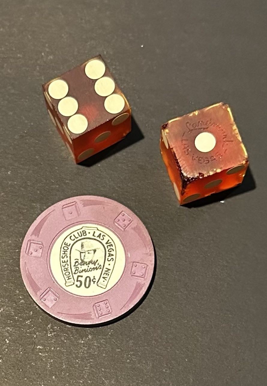 Rare Vintage Benny Binion's Horseshoe Club Vegas 50-cent Chip & 2 Lucite Dice Rare Vintage Benny Binion's Horseshoe Club Vegas 50-cent Chip & 2 Lucite Dice