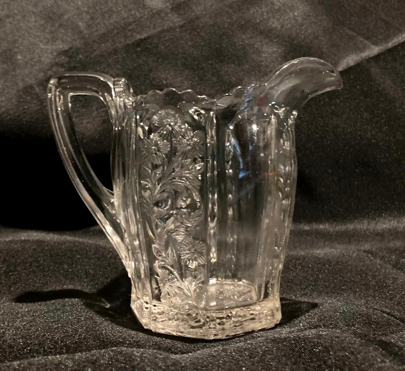 Antique 1911 Indiana Paneled Heather Creamer Embossed #126, Floral/Panels, Clear Antique 1911 Indiana Paneled Heather Creamer Embossed #126, Floral/Panels, Clear