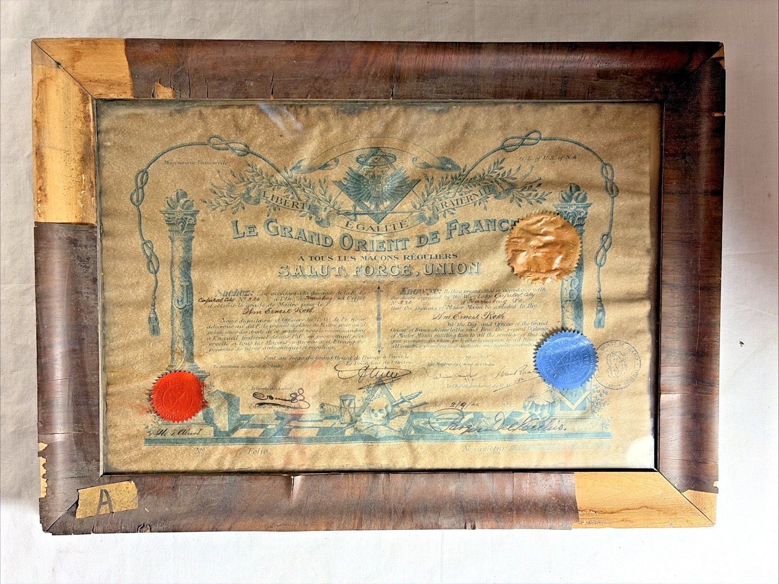 Antique 1826 GRAND ORIENT DE FRANCE MASONIC MEMBERSHIP CERTIFICATE
