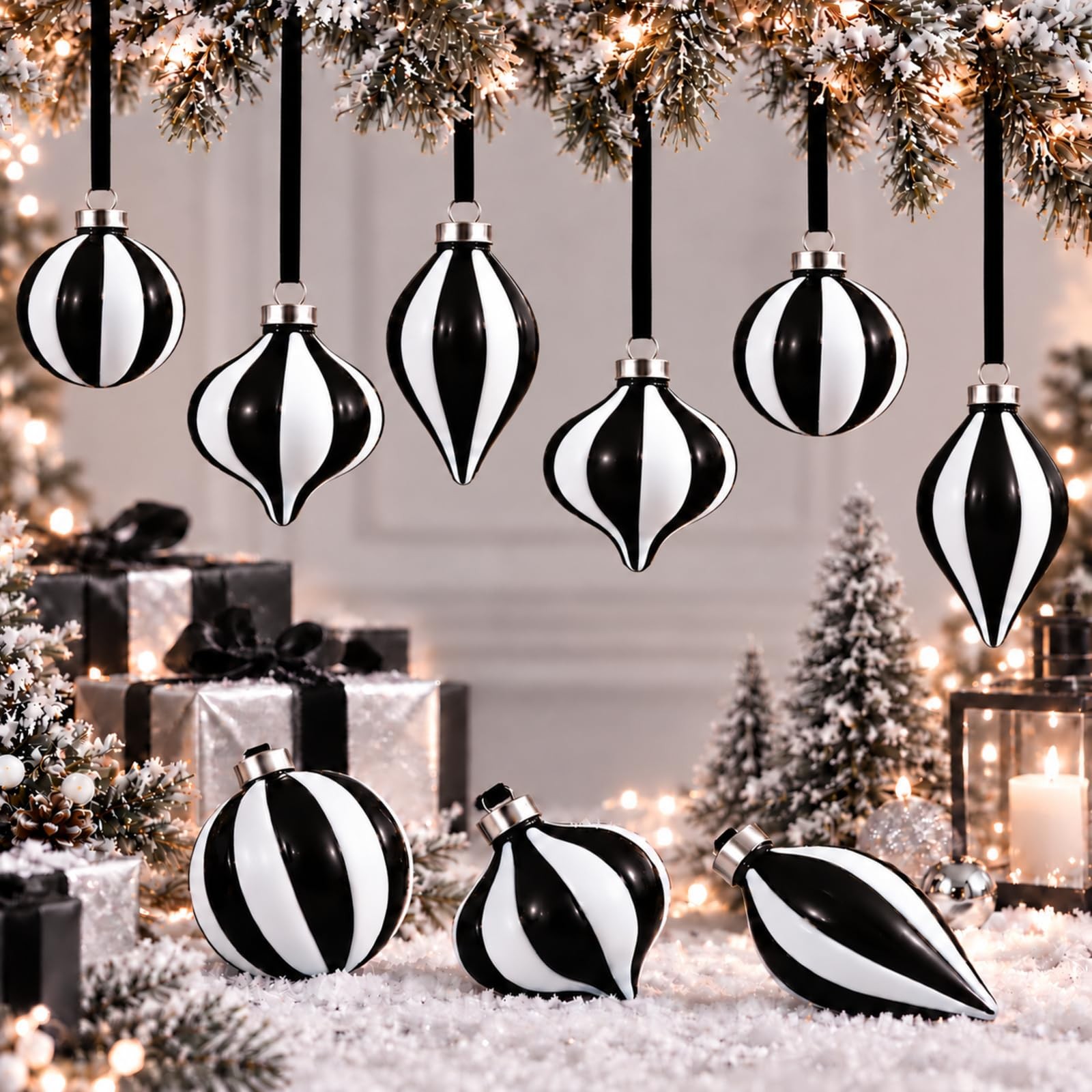 Vintage Christmas Ball Ornaments 9 Piece Set Black White Neutral Decor