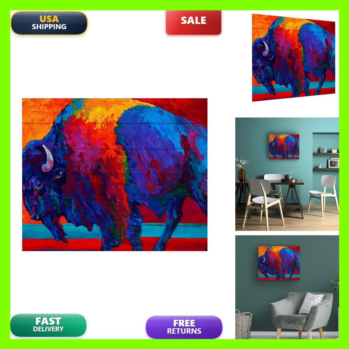 Trademark Fine Art Abstract Bison by Marion Rose Wood Slats 18x22 Multi-Color