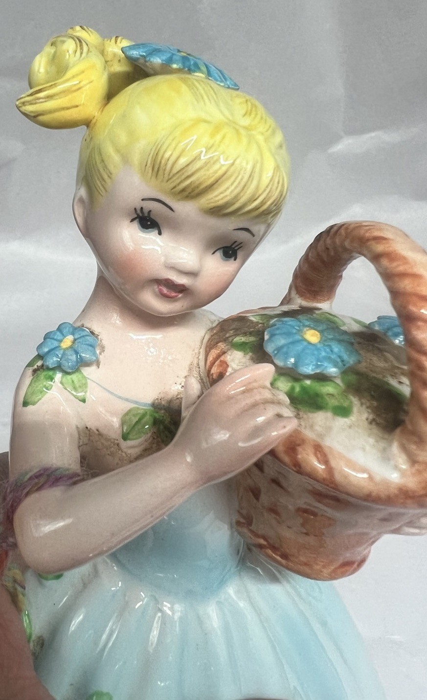 Vintage Enesco Girl Planter E-4088 Japan Blonde Blue Dress MCM Kitsch